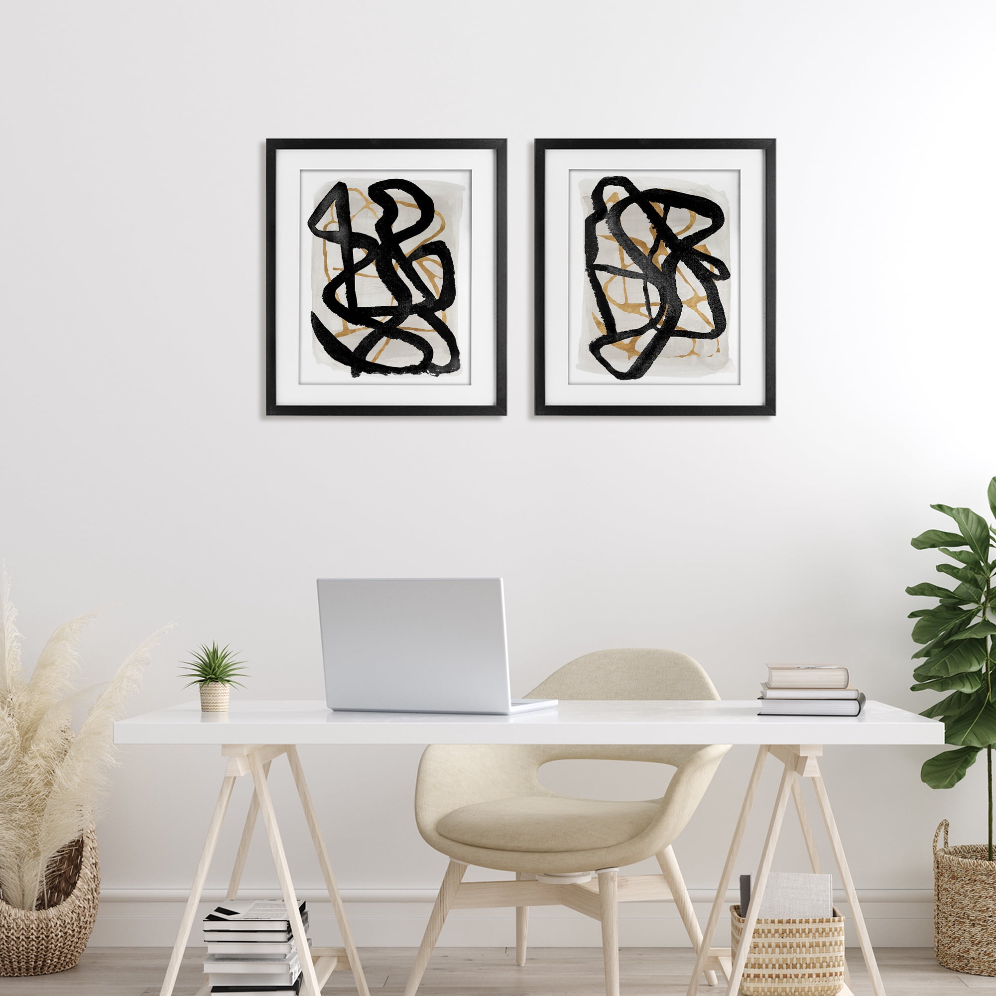 Stupell Industries Contemporary Hindsight Squiggles 2 Piece Black Framed Print Under Glass Set, design by Lucille Price