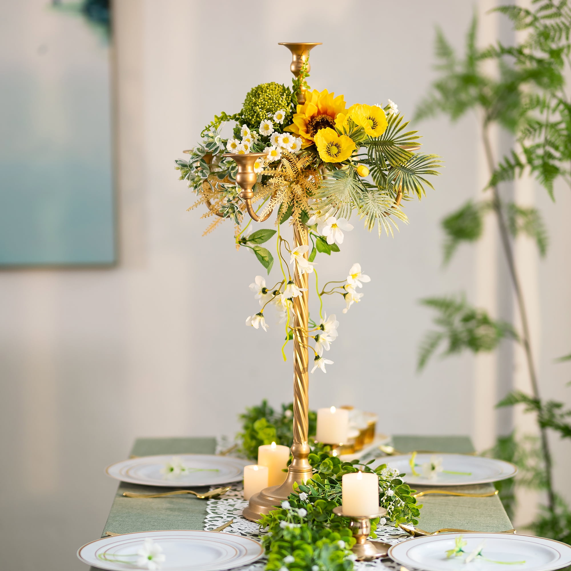 Nuptio Floor Candelabra Gold Candle Holder 50 Inch Candlestick Holder 5 Arm Taper Candle Stand Metal Candle Holders Tall Flower Stand Centerpiece For Wedding Birthday Party Festival Celebration Decor