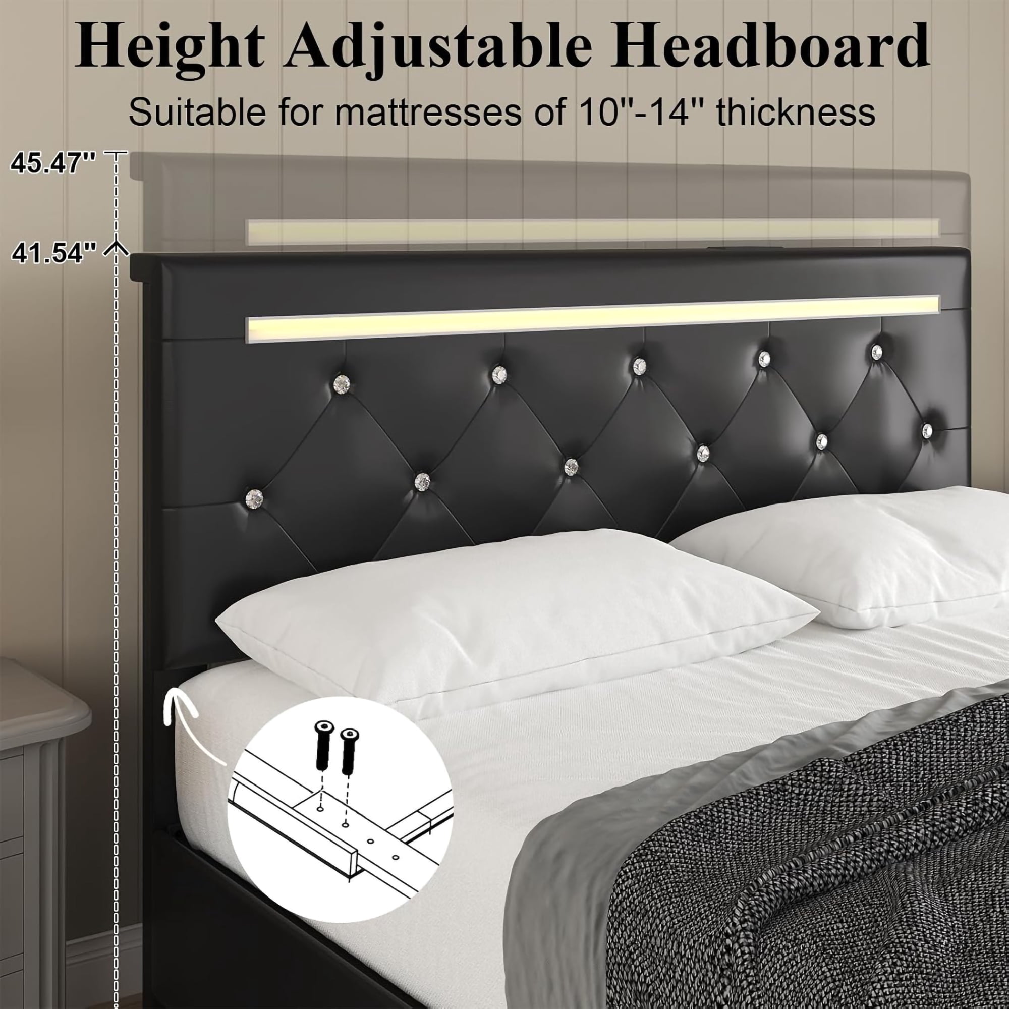 BSHTI Queen Size Faux Leather Upholstered Bed Frame with LED Light, Charging Station, 4 Storage Drawers, Adjustable Headboard for Bedroom(Black)