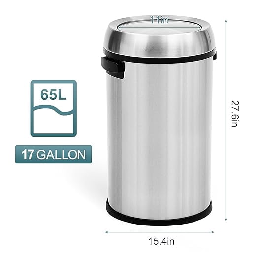 65L/17Gal Trash Can with Swing Top, Commercial Grade Heavy Duty Brushed