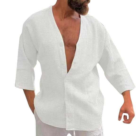 Zylarhe Men T Shirts Male Plaid Long Sleeve Button Shirt Solid Color Collarless Stand Top Cool Button up Shirts