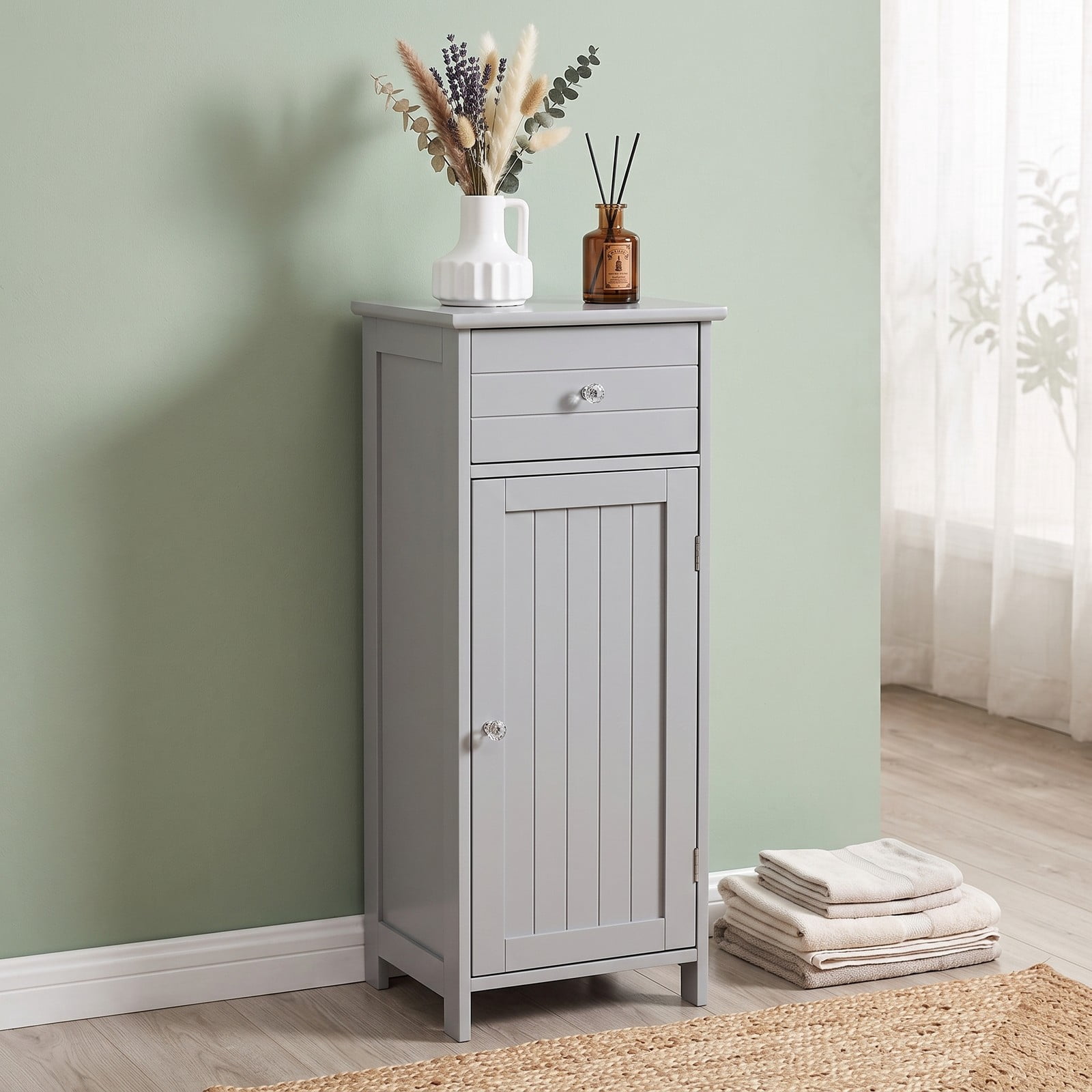 ALPULON Wooden Bathroom Floor Storage Cabinet with Drawer and Adjustable Shelf, Freestanding MDF Side Organizer for Bathroom Entryway Living Room, Gray
