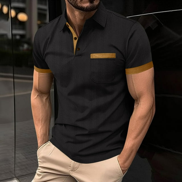 pstuiky camisetas de hombre, Camisa informal de verano para hombre con bolsillo en el pecho, cuello con botones y manga corta a juego. ropa de hombre l