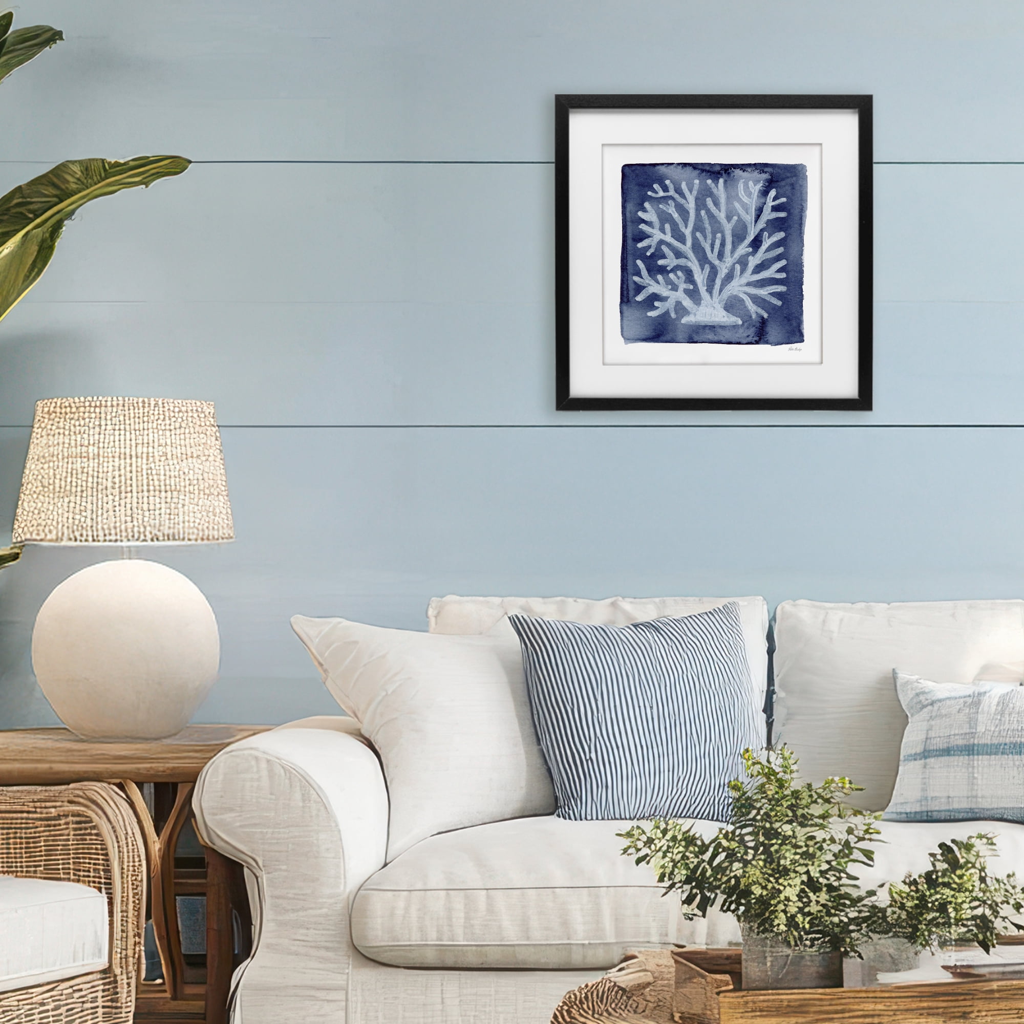 Stupell Industries White Coral on Indigo Black Framed Print Under Glass, design by Patti Bishop