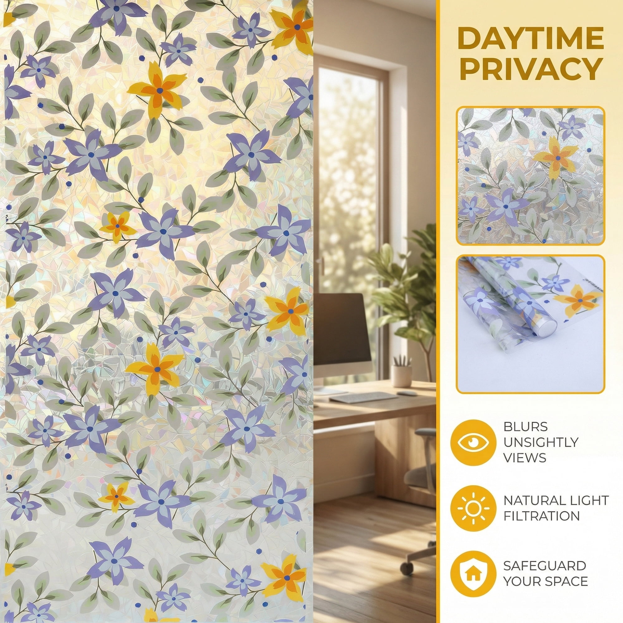 Unique Bargains No Glue Static Cling Flowers Window Film Blue Green 39.4" x 17.7"