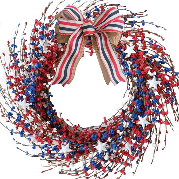 Idyllic 18 Inch Indoor Outdoor Burlap Patriotic Red White Blue Berries Leaves Memorial Day Independence Day Bow Wreath, Red White Blue