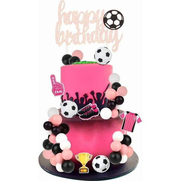 Soccer Birthday Cake Decorations for Girls - Glitter Pink Happy Birthday Cake Topper Football Theme Cupcake Toppers Ball Dessert Picks, Sports Theme Birthday Party Photo Props