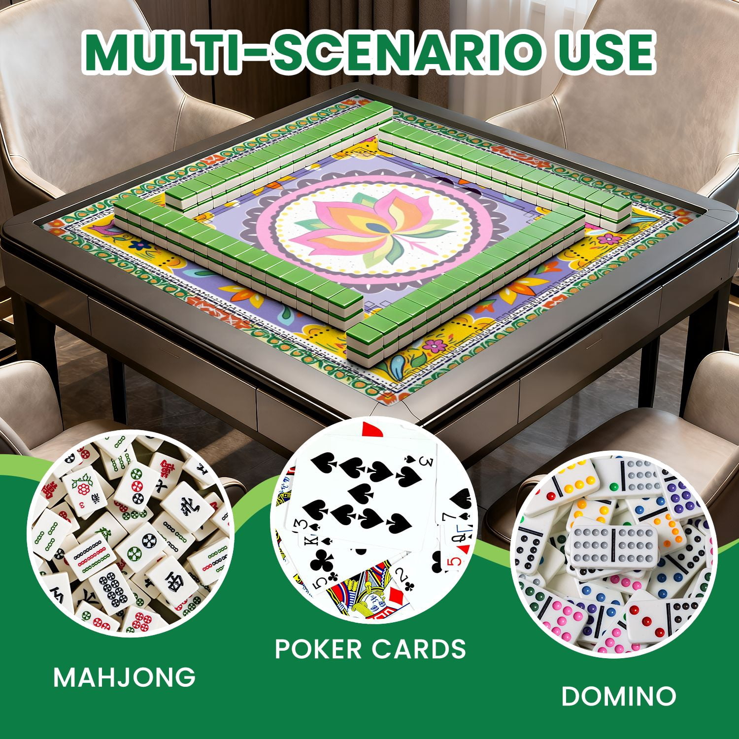 Mahjong Mat 31.5" x 31.5" Vibrant Floral Mandala Lotus Bright Colors Non-Slip Noise Reduction American Mahjong Tiles Table Cover for Dominoes Poker Card Board Games Gift