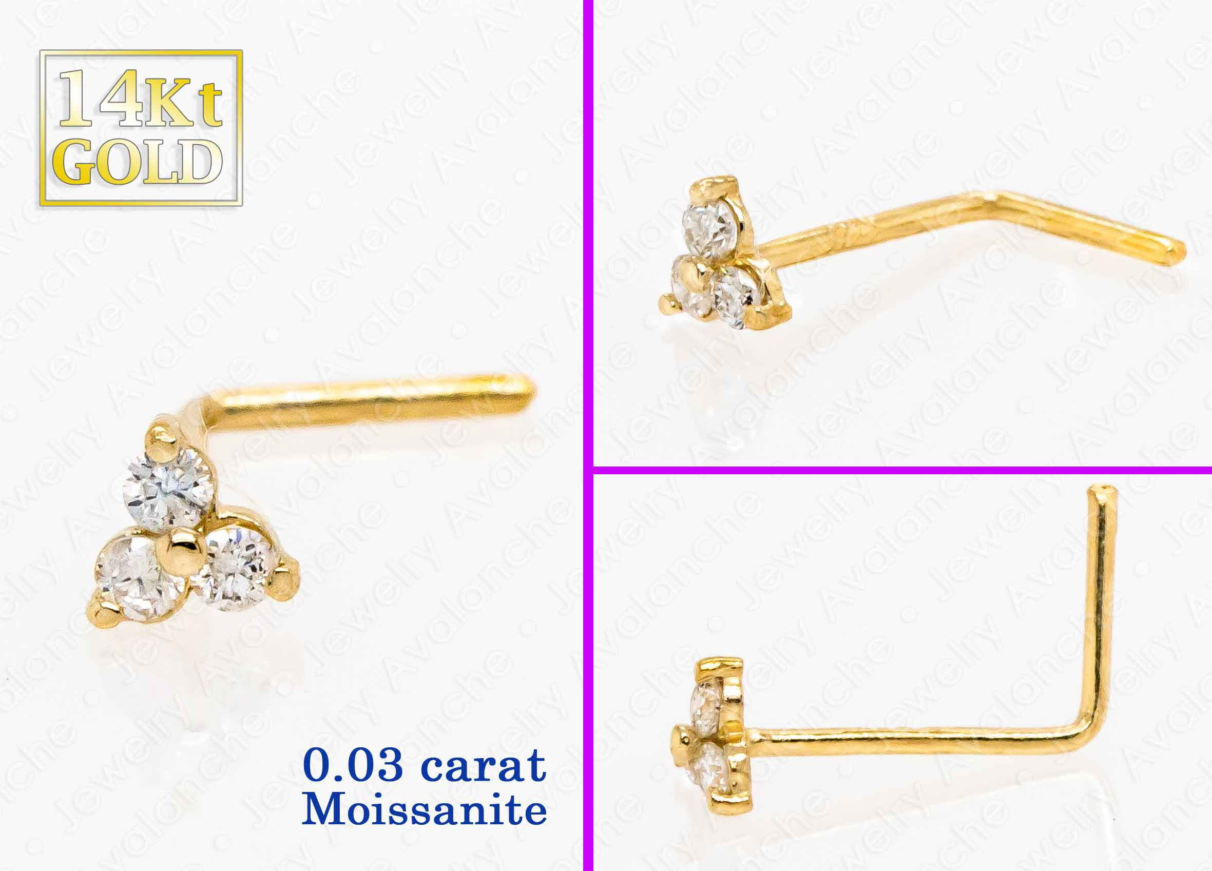 3-Stone 0.030ctw Moissanite Nose Stud - 22G Solid 14Kt Yellow Gold L-Shape Stud Nose Ring - April Birthstone Nose Stud