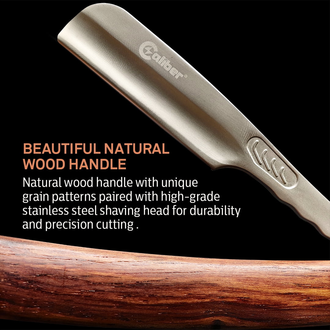 Caliber Pro Straight Razor H1, 6.5 inch Wood Handle, Stainless Steel Blade, Barber Scraper
