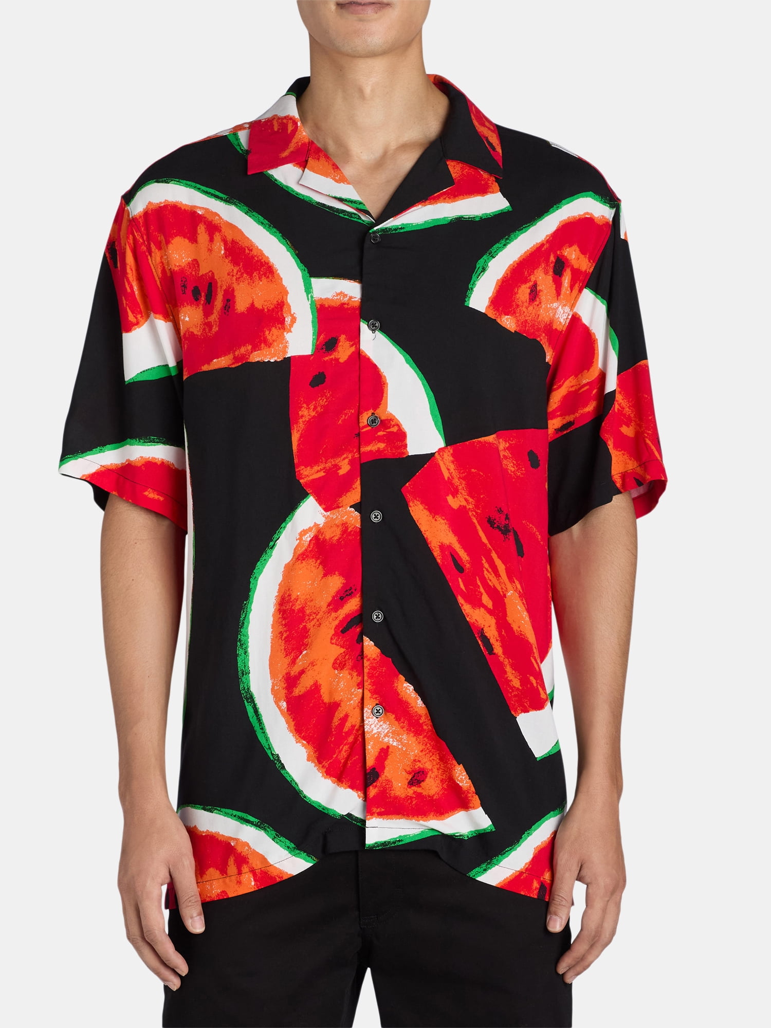 No Boundaries Men's Print Button Up Shirt with Short Sleeves, Sizes XS-3XL