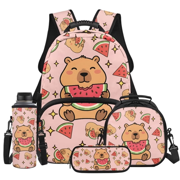 HUIACONG 4Pcs Watermelon Capybara Kids Backpack Set for Girls, Padded Strap Bookbag with Insulated Water Bottle, Water Bottle Cover and Lunch Box, Great Choice for Elementary School Girls