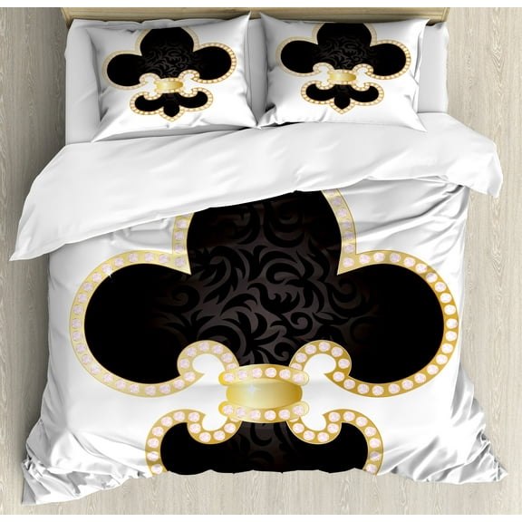 Fleur De Lis Duvet Cover Set, Royal Lily France Empire Family Insignia Design Image, Decorative 3 Piece Bedding Set with 2 Pillow Shams, King Size, Yellow Black White, by Ambesonne