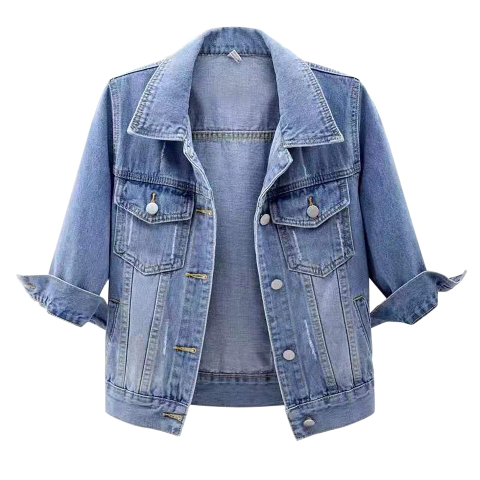 Women s 3 4 Sleeve Colored Cropped Denim Jacket Light Wash Jacket Coat Long Jean Jacket Women Ego Jacket Jean Jacket Ladies Denim Dress Women plus Size Crop Denim Jacket Womens Jackets Lightweight