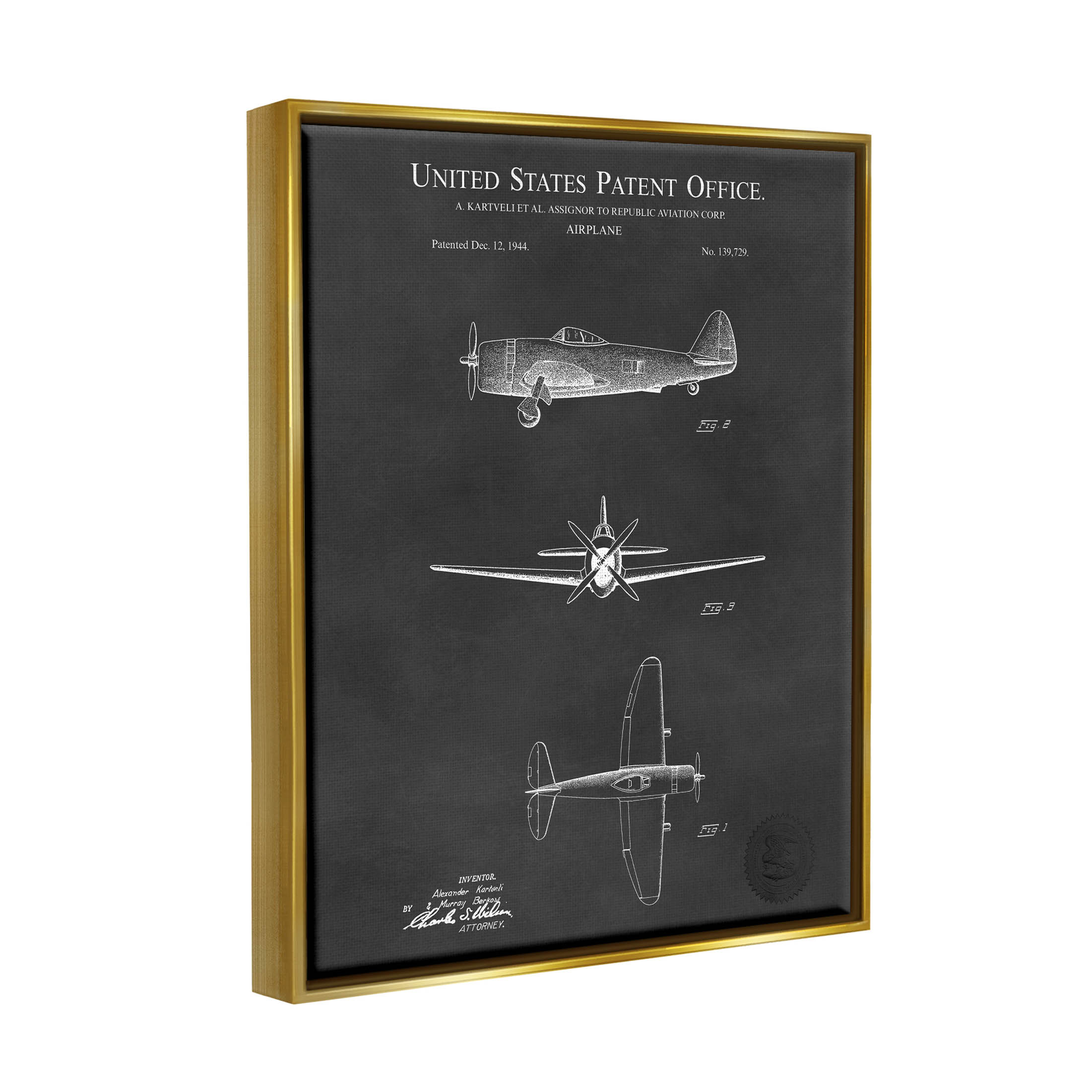 Stupell Industries US Aircraft Patent Diagram Graphic Art Metallic Gold Floating Framed Canvas Print Wall Art, Design by Karl Hronek