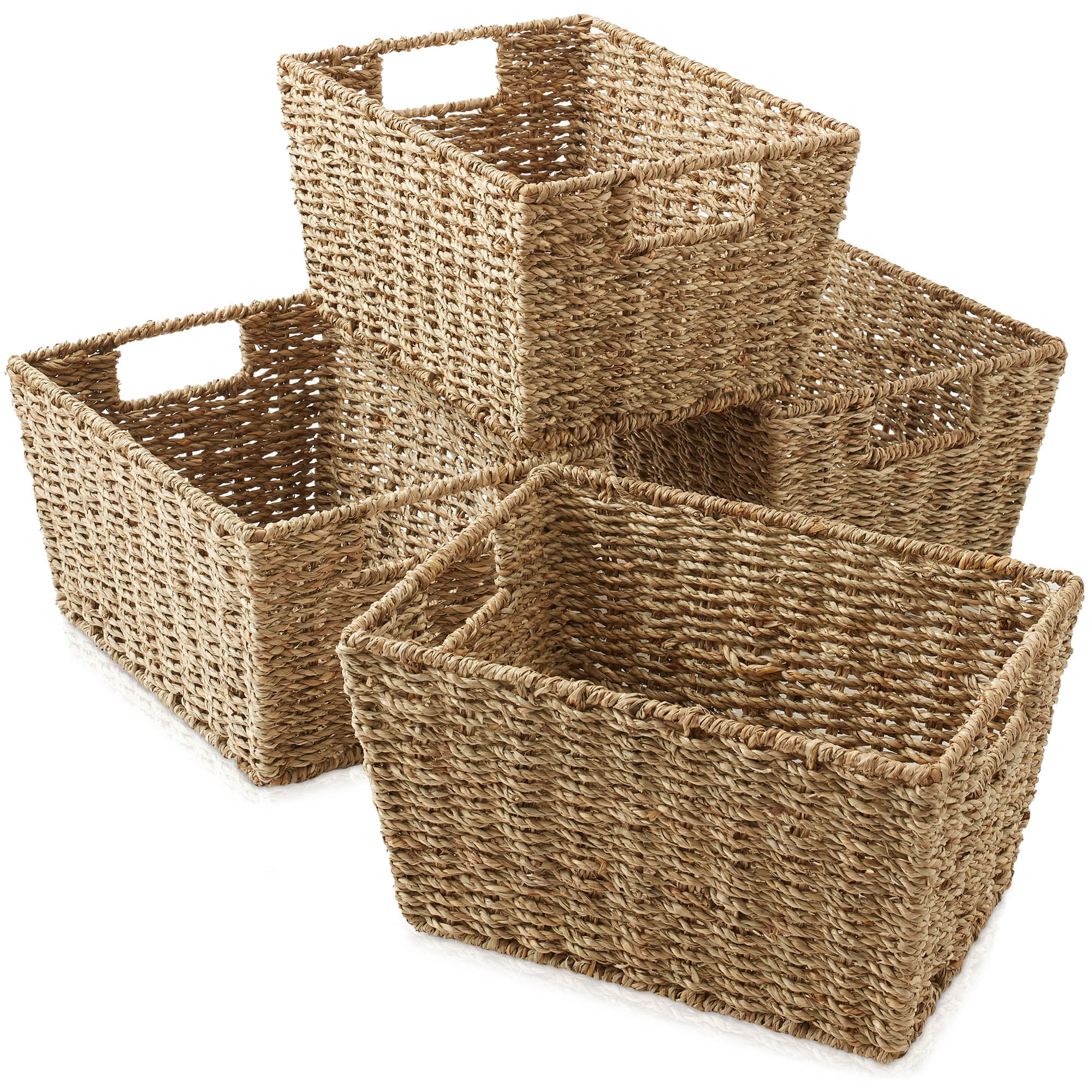 Casafield Set of 4 Seagrass Storage Baskets with Handles - Natural, 12" x 9" x 6" Rectangular Storage Shelf Bins, Blankets, Laundry