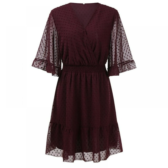 Femmes Mini Robe Élastique à la Taille Volants Robe de Soirée Ample Fit Dot Print V Cou Manches Courtes Robe Fluide