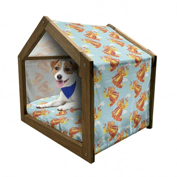 Phoenix Pet House, Cartoon Bird with Exquisite Feather on Cloudy Sky Reborn Theme, Outdoor & Indoor Portable Dog Kennel with Pillow and Cover, 5 Sizes, Vermilion Pale Blue, by Ambesonne