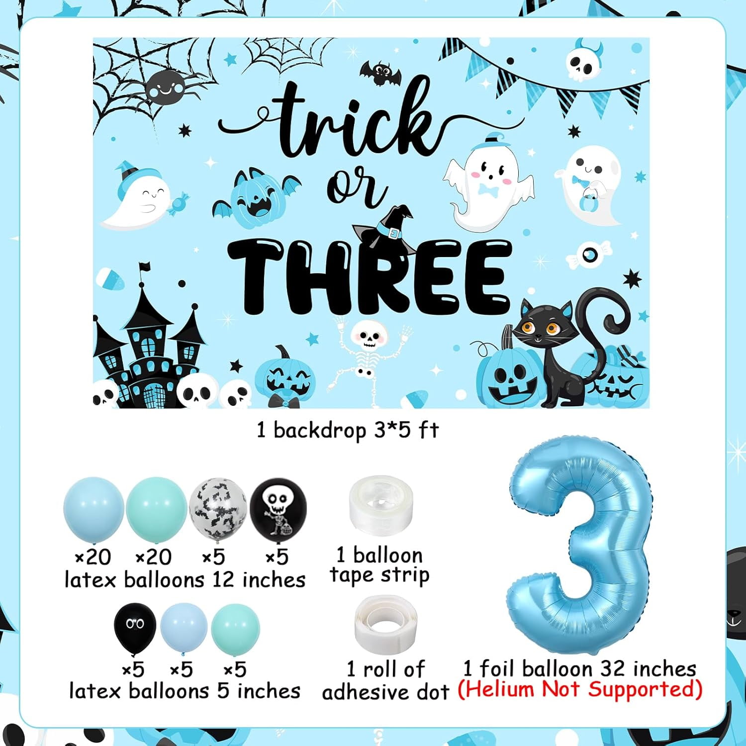 Jollyboom Halloween 3rd Birthday Party Decorations Boy, Trick Or Three Birthday Decoration Backdrop Balloon Garland Kit Number 3 Foil Balloon Blue Black for Boy Trick Or Treat Three Spirit Party