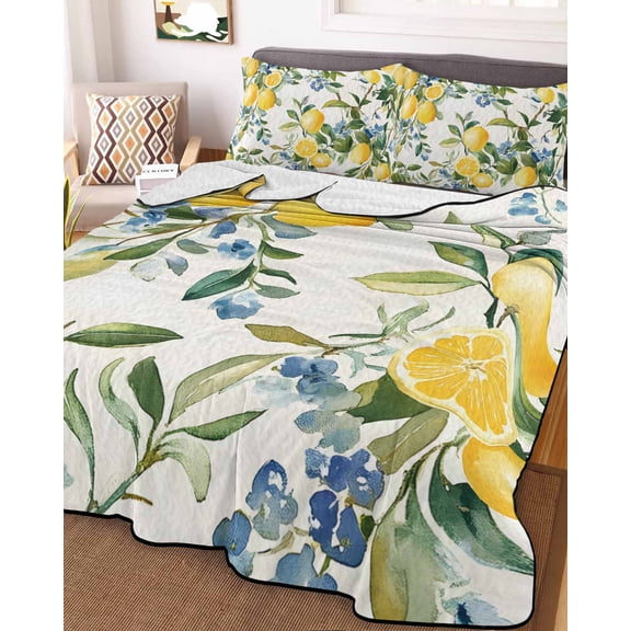 Yellow Lemon Full Size Down Alternative Comforter, Lightweight Comforter Quilt Bedding Set with Pillow Shams Green Leaf Blue Flower Tropical Fruit All Seasons Bed Comforter Duvet Insert 78"x90"