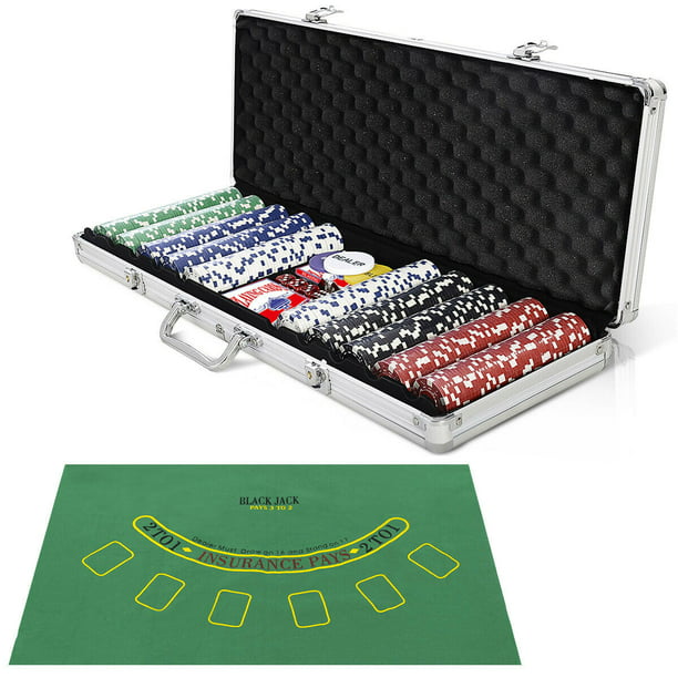Costway Nouveaux 500 Jetons Poker Jeu de Jetons Texas Hold'em Cartes avec Boîtier en Aluminium Argent