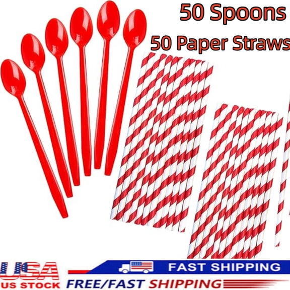 Red Plastic Sundae/Soda Spoons - 8 Inch - Party Supply - Red Paper Straws - 50 Each