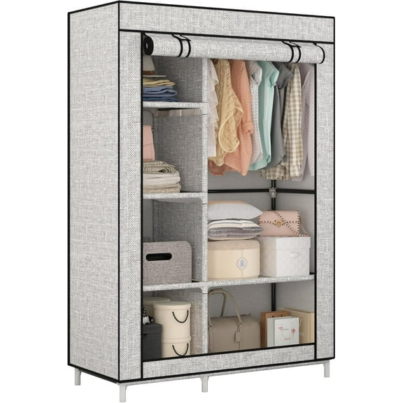 Portable Closet Organizers, Clothing Storage, Wardrobe with 6 Shelves and Hanging Rod, Non-Woven Fabric Cover with 4 Side Pockets, Ash Grey