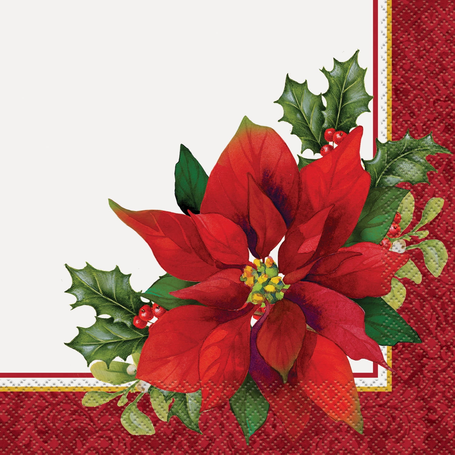 Holly Poinsettia Christmas Paper Luncheon Napkins, 6.5 in, 16ct