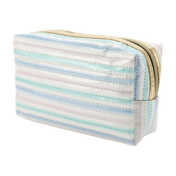 1 Pc Women Portable Horizontal Stripes Makeup Bag for Vacation Gray Pink Blue PU