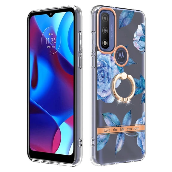 TECH CIRCLE MOTO G pure Case,360 Rotatable Flower Pattern Shiny Ring Holder Kickstand Soft TPU Girls Women Case Shockproof Protective Phone Case for Motorola MOTO G pure 2021 6.5",Blue