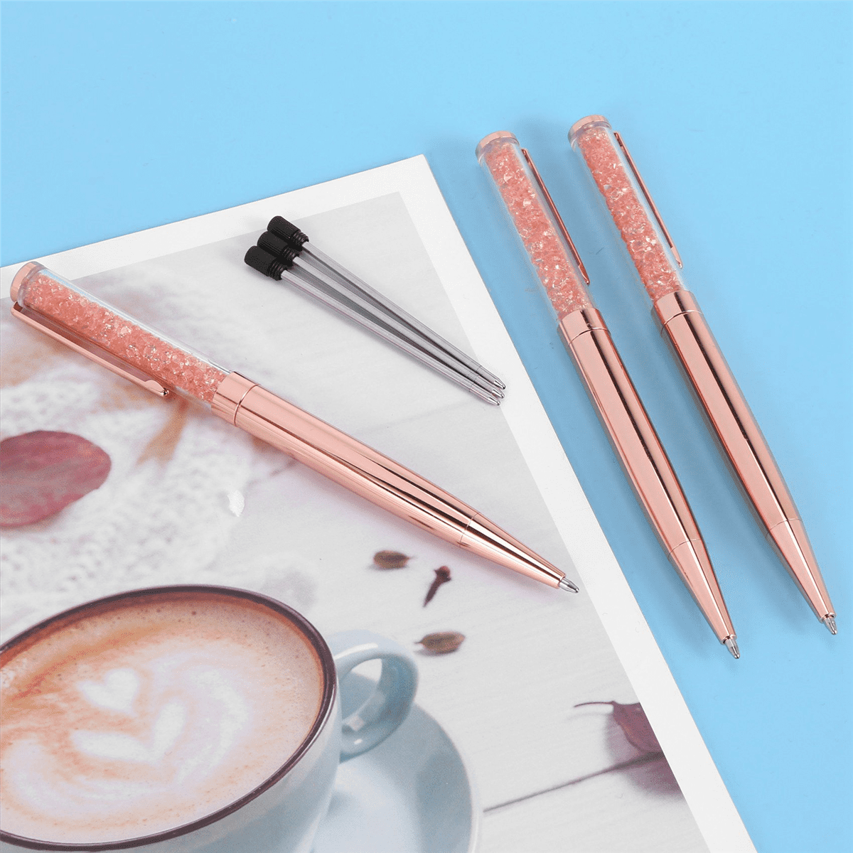 Rose Gold Pen Bling Crystal Ball Point Pen Black Ink Pen with 18 Extra Refills (Rose Gold 18 Pack),18 x Ballpoint Pens 18 x Extra Black Refills,Rose Gold