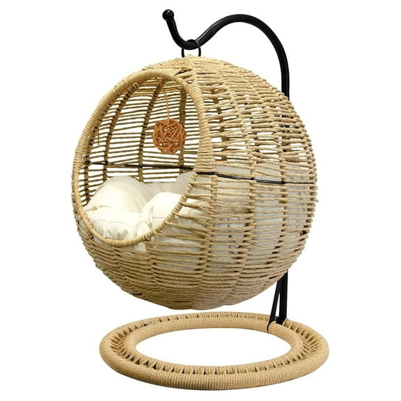 Wicker Cat Bed Indoors & Outdoors, Hand Made Cat Bed with Removable Cushion & Hanging , Washable Pet for Cat, Small Dog, Small Animals