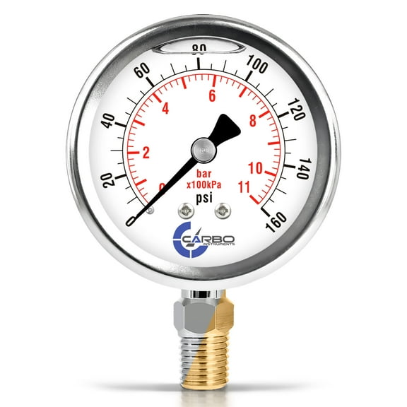 CARBO Instruments 2 1-2" Pressure Gauge, Stainless Steel Case, Chrome Plated Brass Connection, Lqiuid Filled, 0-160 psi/kPa, Lower Mount 1/4" NPT
