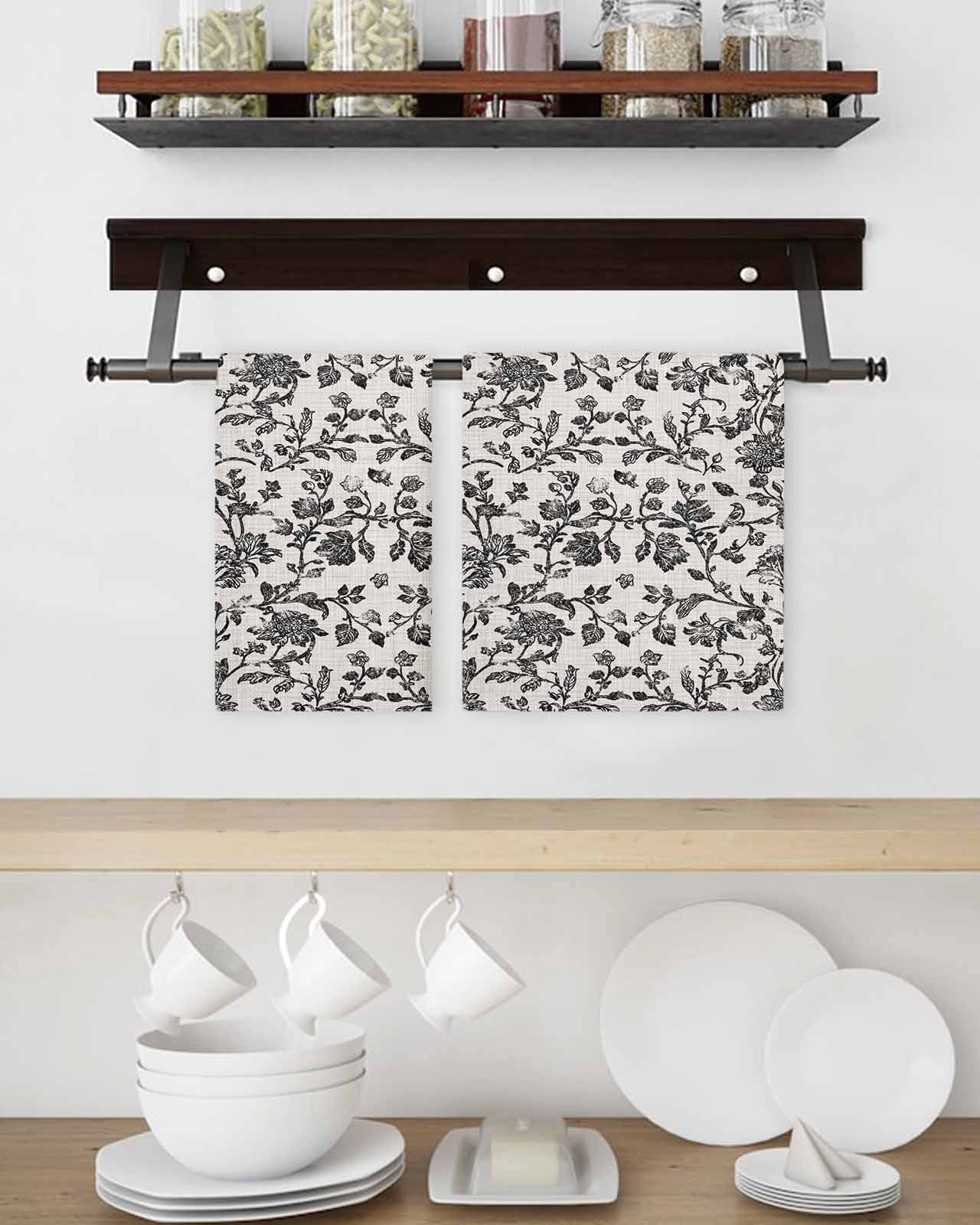 Farmhouse Black Kitchen Dish Towels for Drying Dishes Set of 3, Vintage Flower Leaf Botanical Plant Waffle Weave Microfiber Hand Tea Bathroom Towels Quick Dry & Absorbent Towel 15.7x23.6