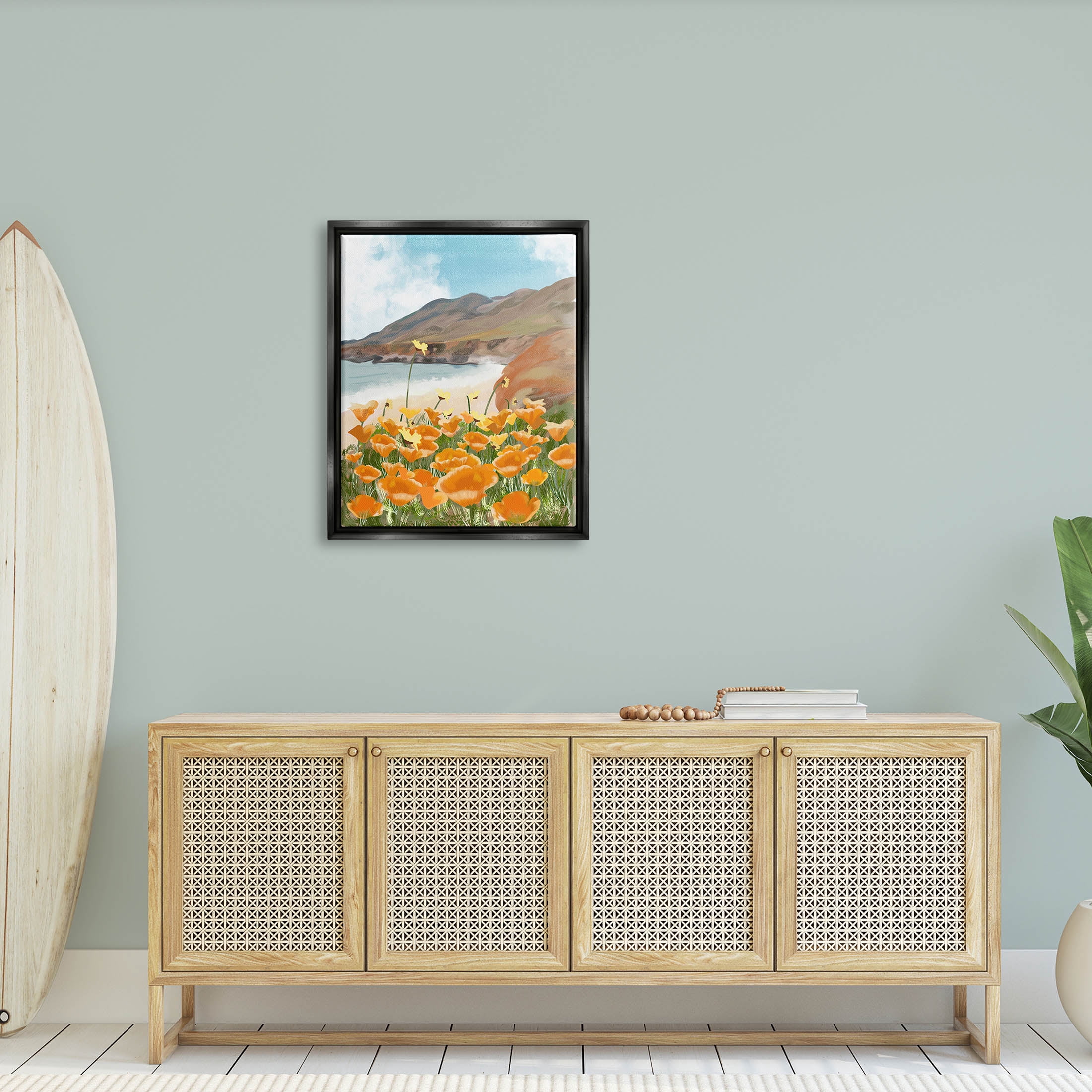 Stupell Industries Coastal Flower Meadow Blooming Graphic Art Jet Black Floating Framed Canvas Print Wall Art, Design by Ashley Singleton