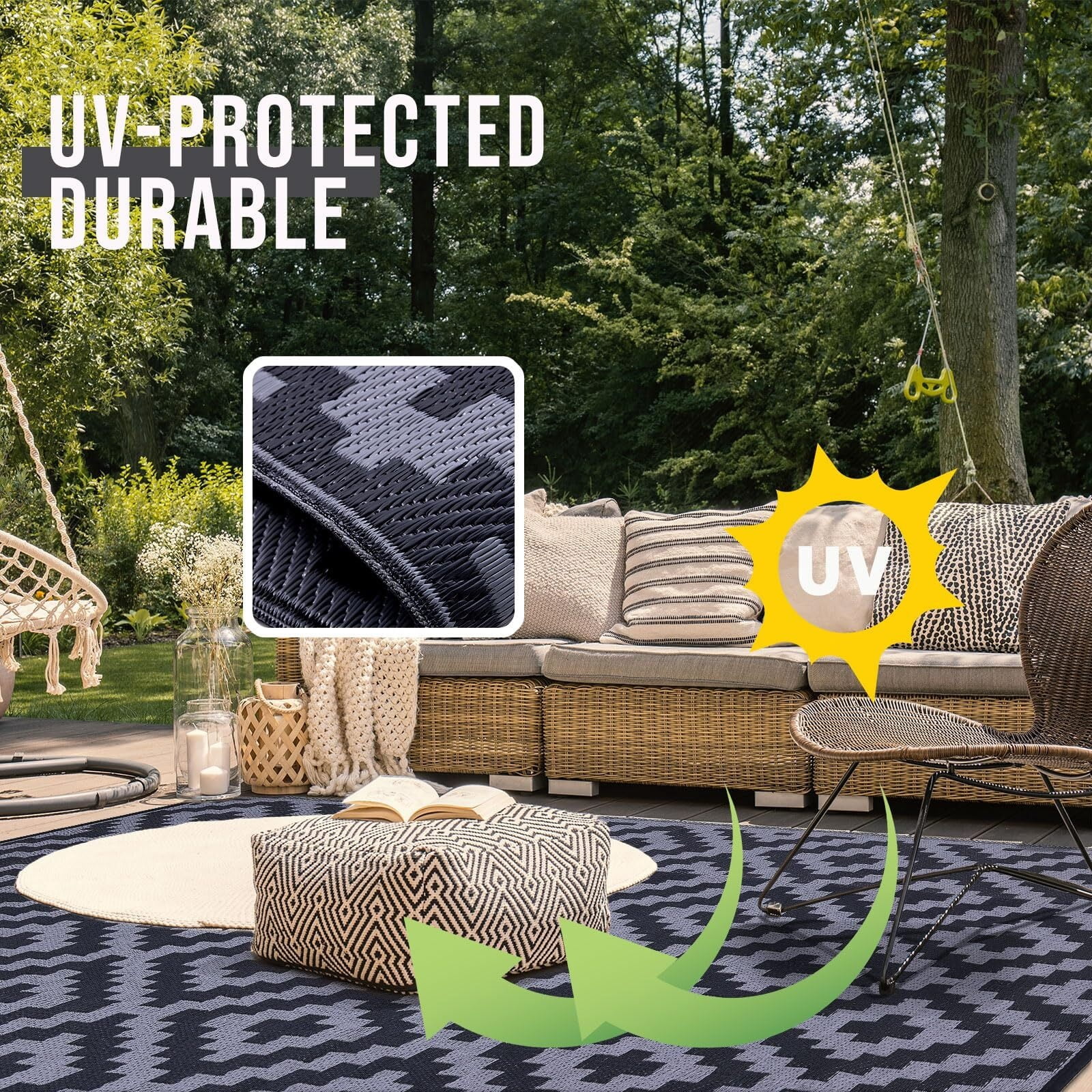 Waterproof Outdoor Rug 5x8 ft, Reversible Plastic Straw Patio Rug for Camping, RV Mat Outside, Indoor Outdoor Carpet for Porch, Deck, Backyard, Camper, Balcony, Picnic, Black & White