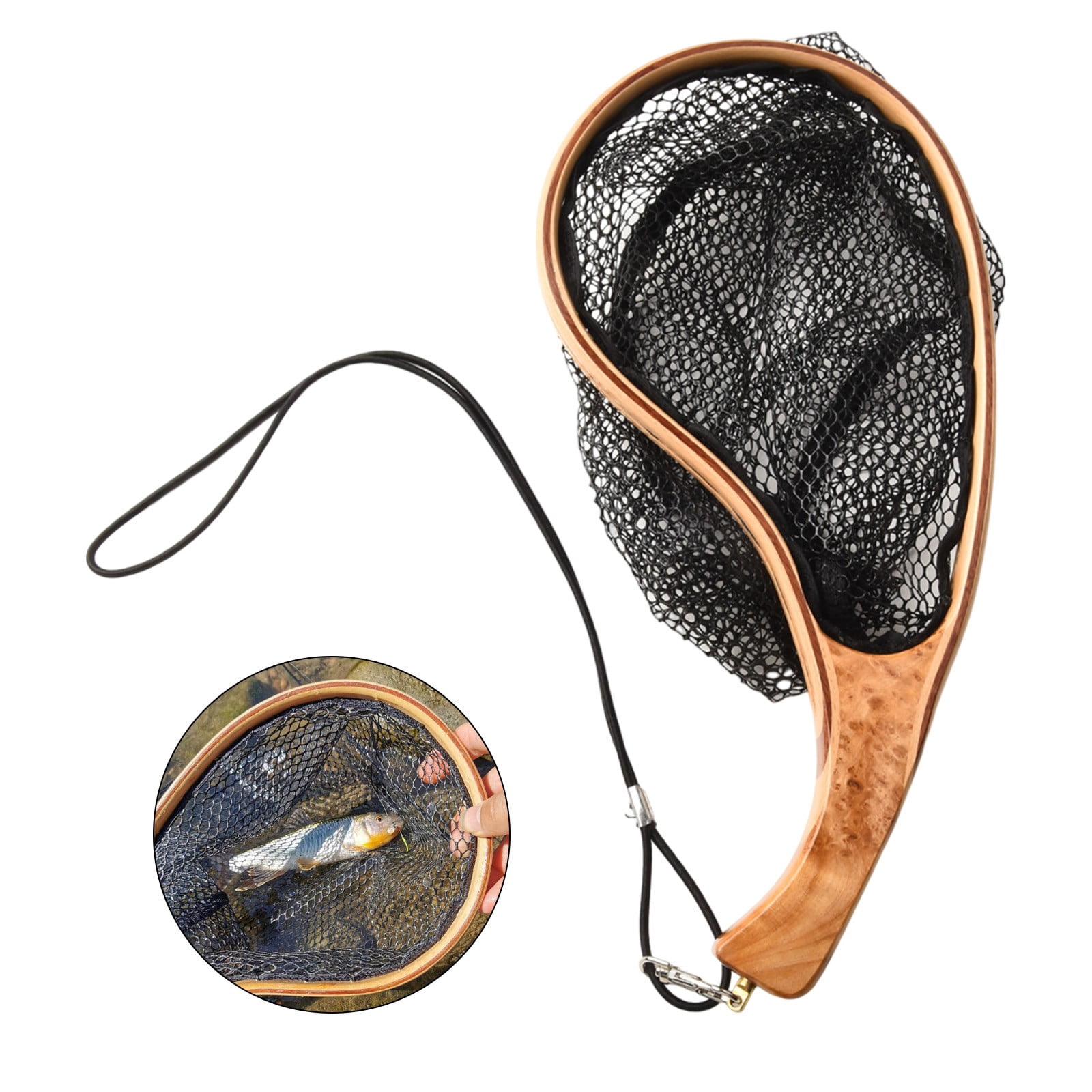 YAAQII for Wooden Frame Fly Fishing Landing Net, Catch and Release Stream Fishing Net with Hexagonal Mesh, Ergonomic Handle, Network Cable, Lightweight 120g, 13.8x6.7x9.8 Inches