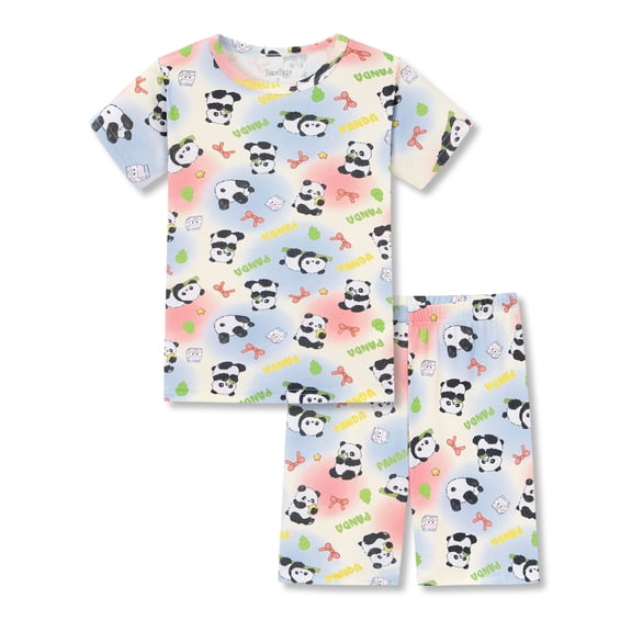 Beezizac Girls' Short Sleeve Pajama Set Cotton Slim Fit All-Over Cute Pandas Print Soft Kids Sleepwear Size 8