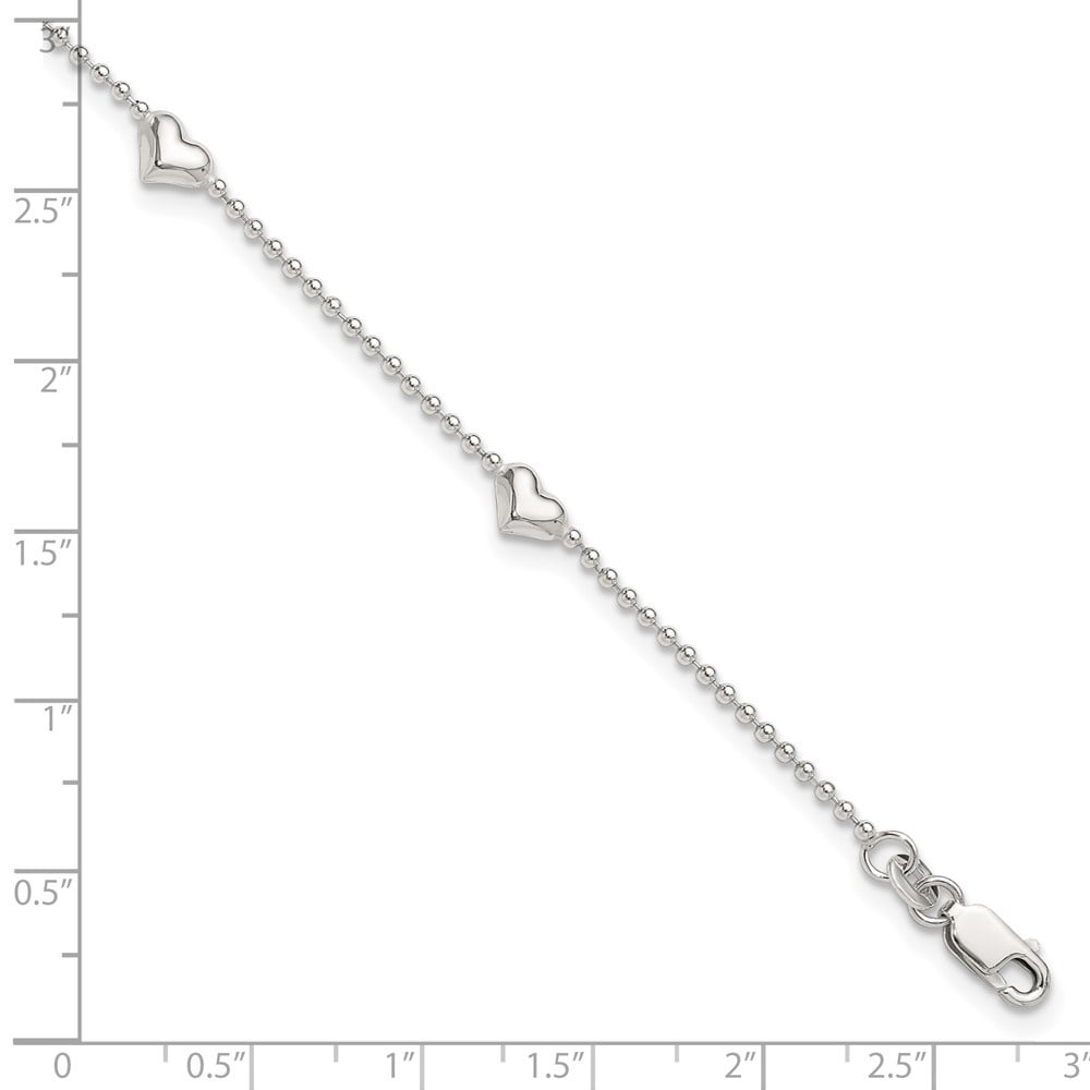 925 Sterling Silver Dangling Heart Plus 1in ext. Chain Anklet for Women 9"