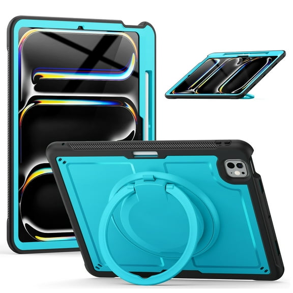 Shockproof Case for Apple iPad Pro 13 Inch 2024, Rugged Hybrid Protective Cover with Pencil Holder & Shoulder Strap Kids Friendly Rotating Kickstand Case for iPad Pro 13" 2024 M4,Lightblue