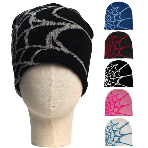 Naierhg Beanie Winter Hat Spider Web Print Knitted Unisex Beanie Hat Halloween Party Cap High Elasticity Anti-shrink Contrast Color Outdoor Cold Resistant Cycling HatSky Blue