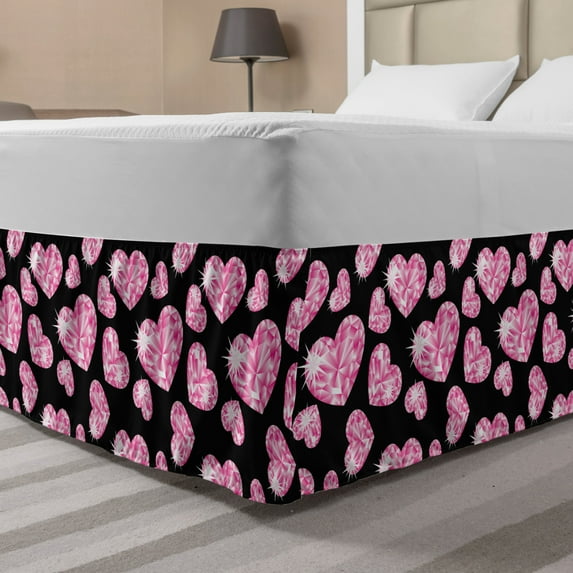 Diamonds Bed Skirt, Romantic Pink Heart Stones on Black Background Valentines Day Theme, Elastic Bedskirt Dust Ruffle Wrap Around for Bedding Decor, 4 Sizes, Pale Pink Black, by Ambesonne