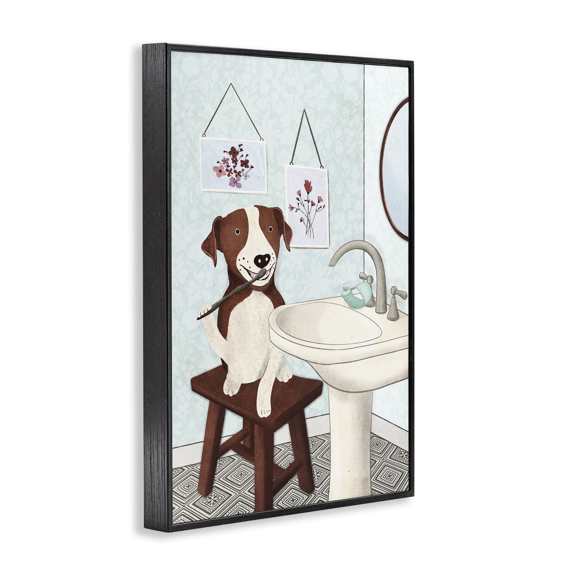 Stupell Industries Dog Brushing Teeth Typography Painting Black Framed Art Print Wall Art, 16 x 24
