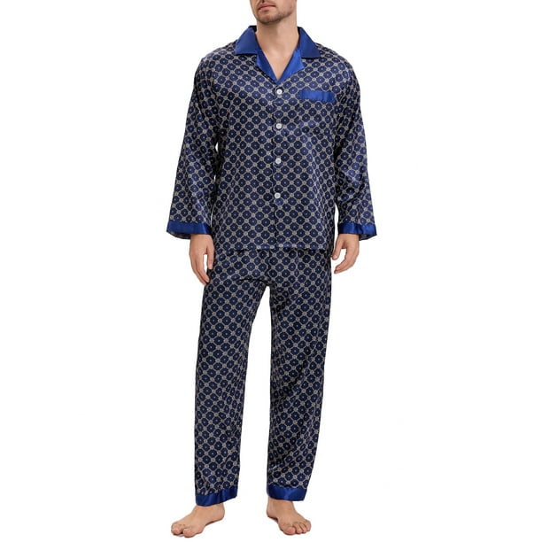INSPIRAR CHIC Conjunto de Pijamas de 2 Piezas para Hombre, Camisón de Botones con Estampado, Patrón Casual, Talla M, Azul Oscuro