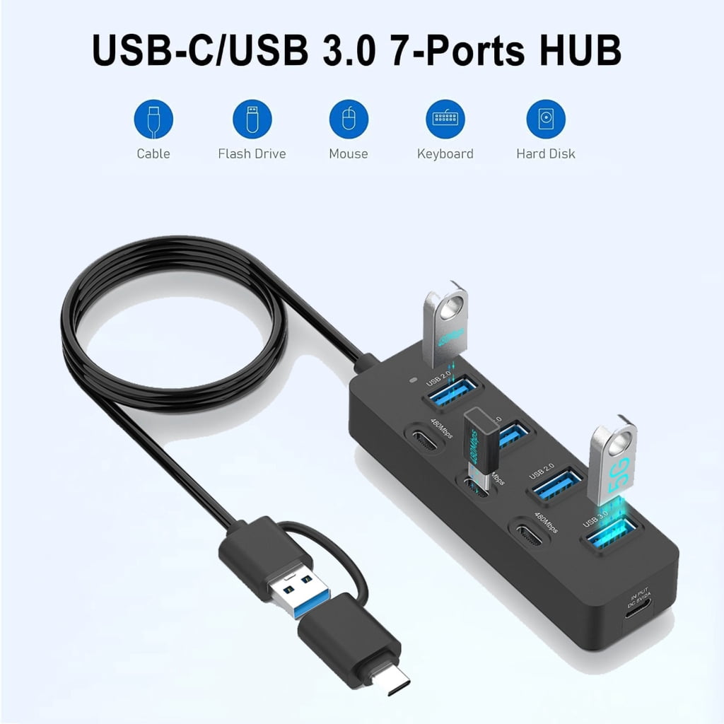 Double Input USB A USB C 7 Port Expansion Hubs Supporting Fast 5Gbps Data Transfer Plugs and Play for Various Devices