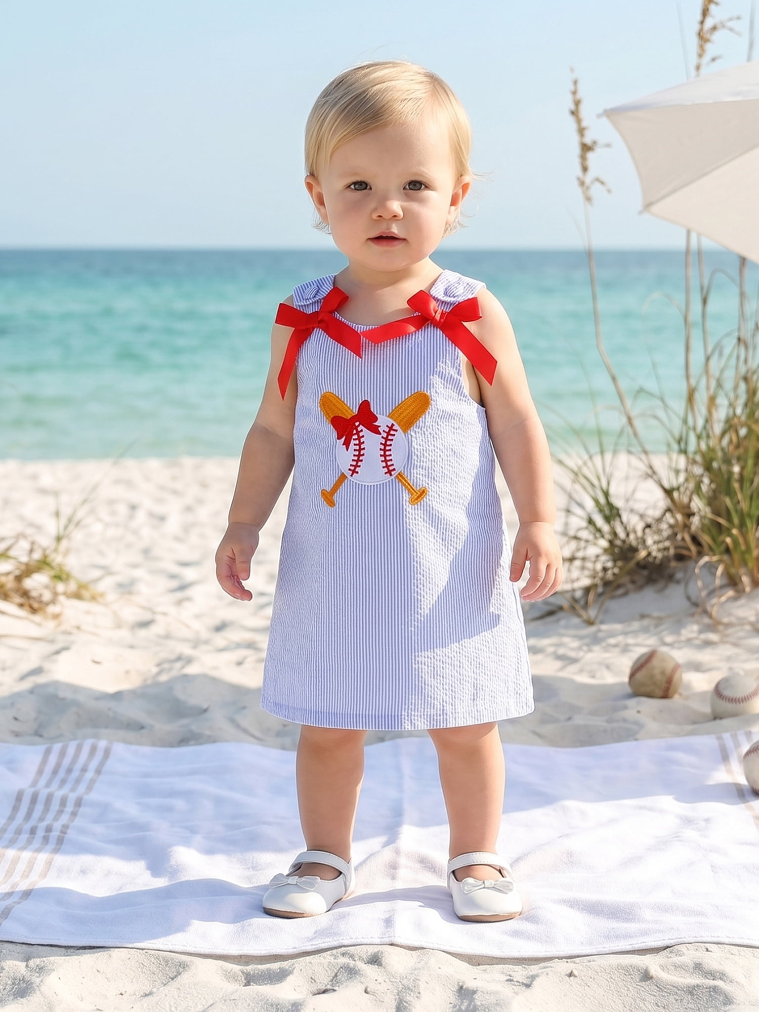 BemeyourBBs Toddler Baby Girl Summer Striped Tank Dress Overalls 6 12 18 24 Months 2 3 4 5  Years Cute Baseball Embroidery Cute Bow Sleeveless Overalls Casual Dress
