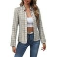thumbnail image 2 of Fanxing Women's Tweed Plaid Blazer Jacket - Open Front Stand Collar Fully Lined Casual Fashion Elegant Work Coat Gray L, 2 of 9