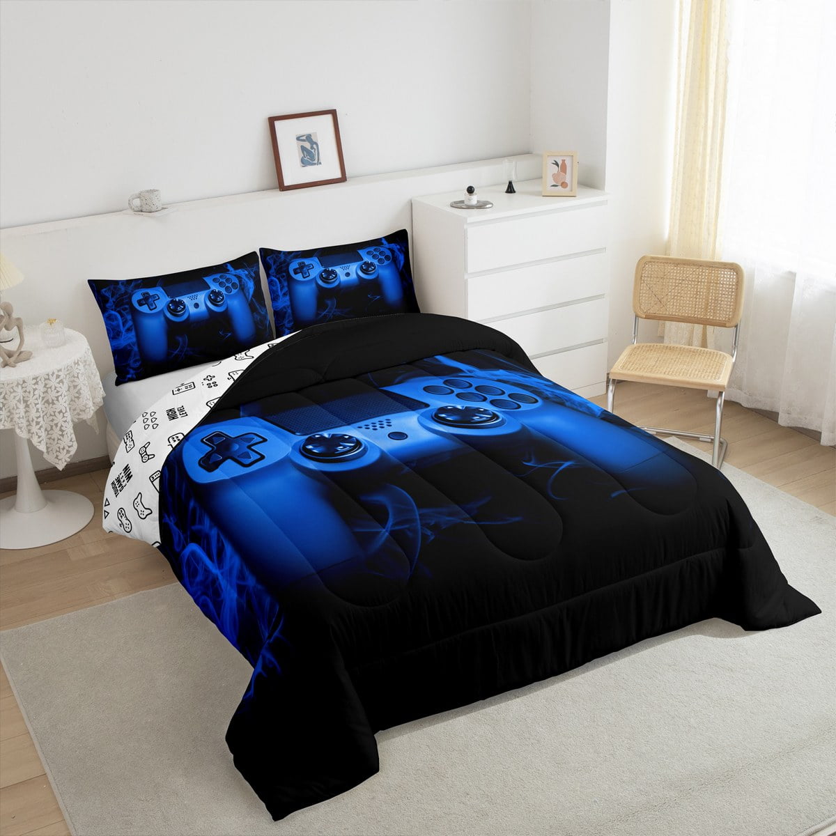 Erosebridal Blue Gaming Comforter Set Queen Size Gamer Comforter Teens Video Game Decor Bedding Set 3 Piece Console Game Controller Quilted Duvet Set Soft Black