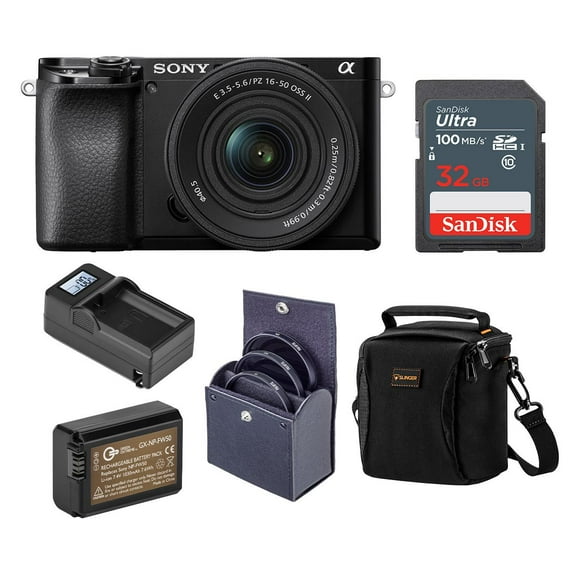 Sony Alpha A6100 Mirrorless Digital Camera, with 16-50mm Lens (Black) Basic Bundle with Filter Kit, Battery, Charger, Bag, 32GB SD Card