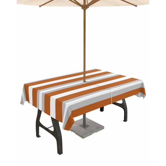 Lsrtoss Outdoor Tablecloth with Umbrella Hole & Zipper, Burnt Orange Grey Stripe Rectangle Tablecloth 52x70 Inch, Minimalist Farmhouse Striped Patio Table Cover Waterproof Table Cloth for Picnic